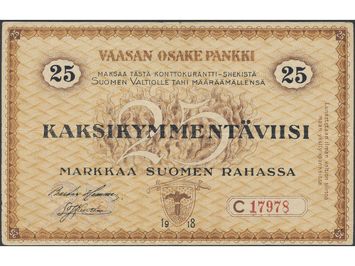 Private banknotes, Finland. Pick S111, 25 markkaa 1918. C17978. Minor pinhole. 1+.