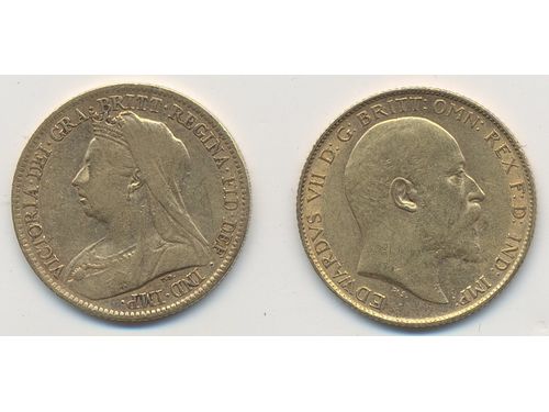 Coins, Great Britain. ½ sovereign. 1900, 1909, 1918 and 2004. In an elegant box. F-UNC.