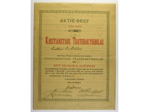 Stock certificates, Sweden. Kristianstads Teateraktiebolag, 100 kr 1905 share certificate N:o 401. Complete with coupons, but latter with some splitted perfs. Horisontal and vertical middle fold, fine condidition anyway.  .