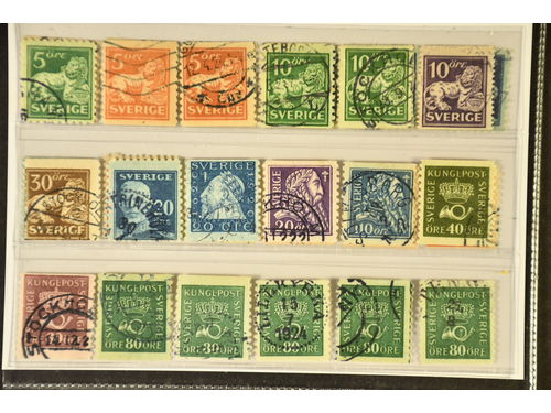 Sweden. Used 1920–1936. All different, e.g. F 140C, 141bz, 142Abz, 144Acc+Ecx, 145E, 148Acx, 151Cbz, 152Acx, 153, 154bz, 159bz, 162cx, 165bz, 165cxz, 195cz. Mostly good quality. F SEK 6915 (30)