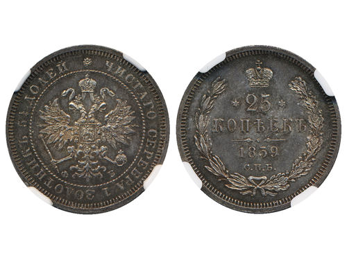 Coins, Russia. Alexander II, Bitkin 131 (R), 25 kopeks 1859. Graded by NGC as MS66. Superb example with dark rainbow lustre. UNC.