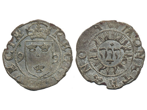 Coins, Sweden. Karl, Riksföreståndare, SM 26, ½ öre 1599. 1.28 g. Stockholm. Lustrous example struck on an irregular planchet. SMB 32. 01.