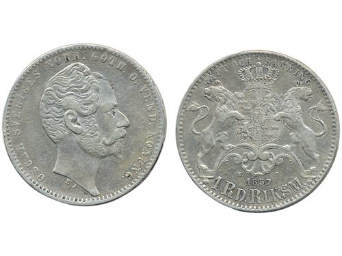 Coins, Sweden. Oskar I, SM 60b, 1 riksdaler riksmynt 1857. Short beard. SMB 51. 1+/01.