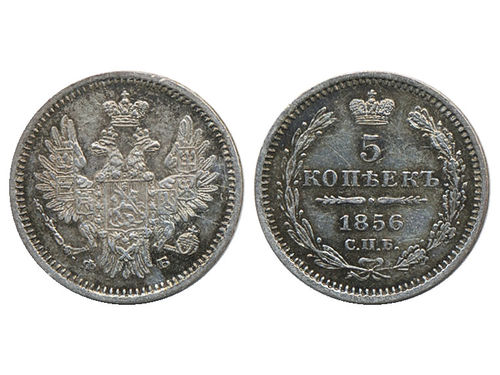Coins, Russia. Alexander II, Bitkin 67, 5 kopeks 1856. 1.04 g. Nice specimen with beautiful toning. KM 163. XF.