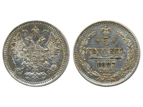 Coins, Russia. Alexander III, Bitkin 147, 5 kopeks 1887. Minor hairlines on obverse. XF.