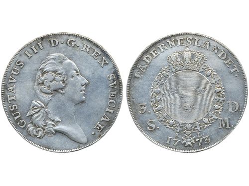 Coins, Sweden. Gustav III, SM 39, 3 daler SM (1 riksdaler) 1773. 29.07 g. Stockholm. Scarce date. With 1773 type portrait. SMB 5. 1+.