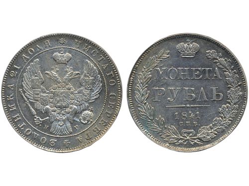 Coins, Russia. Nicholas I, Bitkin 192, 1 rouble 1841. Lustrous example, minor verdigris on wreath on reverse. XF.