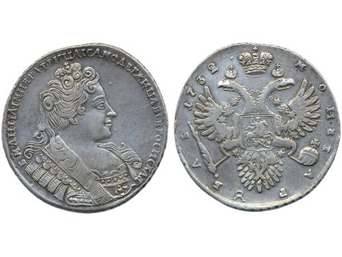 Coins, Russia. Anna, Bitkin 50, 1 rouble 1732. 26.41 g. Brooch on bosom and plain cross on orb. VF-XF.