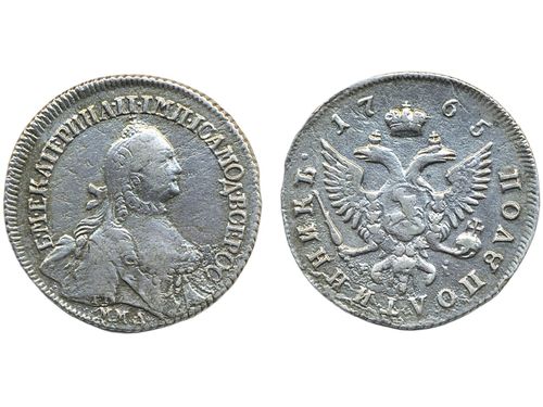 Coins, Russia. Catherine II, Bitkin 140, 1/4 rouble (polupoltinnik) 1765. 5.32 g. Moscow mint. A few minor planchet irregularities. Scarce. VF-XF.
