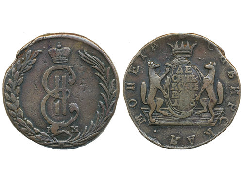 Coins, Russia, Siberia. Catherine II, Bitkin 1029, 10 kopeks 1773. 59.13 g. Kolyvan mint. Minor planchet flaw. VF.