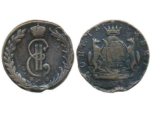 Coins, Russia, Siberia. Catherine II, Bitkin 1027, 10 kopeks 1772. 60.23 g. Kolyvan mint. Rim nicks. F-VF.