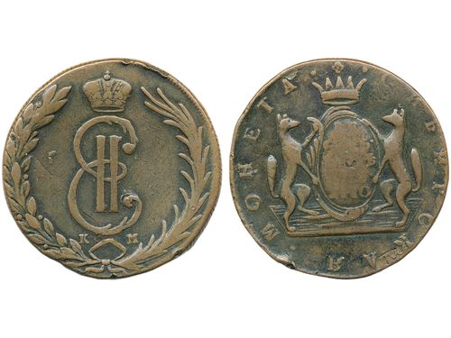 Coins, Russia, Siberia. Catherine II, Bitkin 1023, 10 kopeks 1770. 66.90 g. Kolyvan mint. Minor rim nick. F-VF.