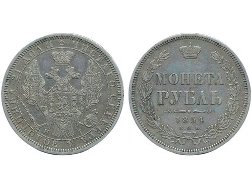 Coins, Russia. Nicholas I, Bitkin 234, 1 rouble 1854. Some verdigris. VF.