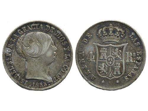 Coins, Spain. Isabella II, KM 600.1, 4 reales 1855. Better date. Beautiful toning. VF.