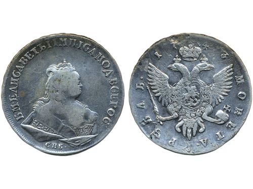 Coins, Russia. Elizabeth, Bitkin 251, 1 rouble 1743. 25.11 g. Planchet flaws. F.