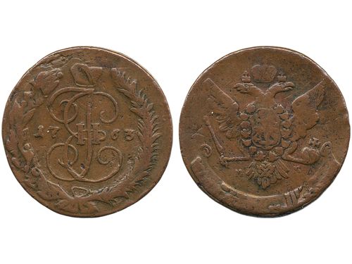 Coins, Russia. Catherine II, KM 59.6, 5 Kopecks 1763. 55.59 g. Moscow mint. Overstruck. 1.