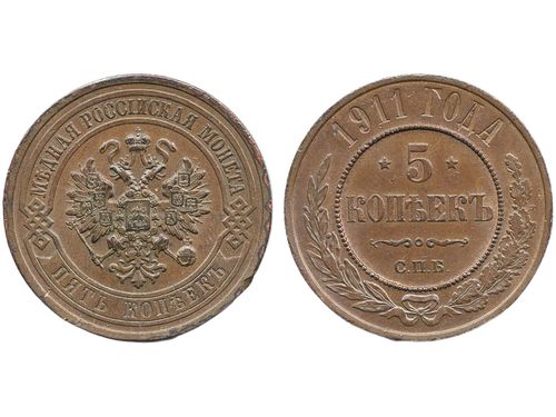 Coins, Russia. Nicholas II, KM 12.2, 5 kopeks 1911. Small edge nicks. Some remaining red luster. XF.