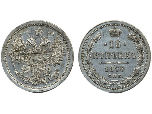 Coins, Russia. Alexander II, KM 21a.2, 15 kopeks 1876. Minor hairlines. XF.