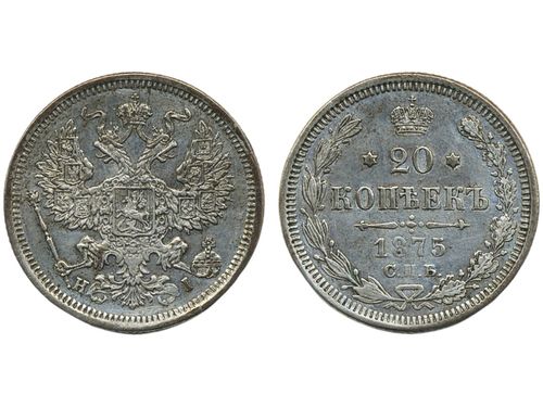 Coins, Russia. Alexander II, NM 22a.1, 20 kopeks 1875. VF-XF.
