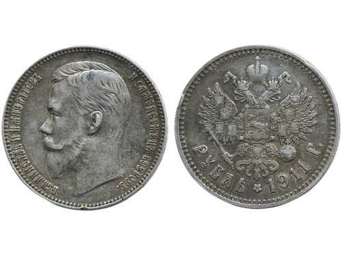 Coins, Russia. Nicholas II, KM 59.3, 1 rouble 1911. Edge nicks. VF.
