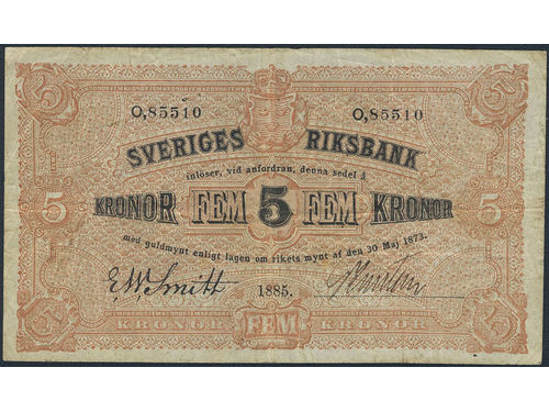 Banknotes, Sweden. 5 kronor 1885. O 85510. 1.