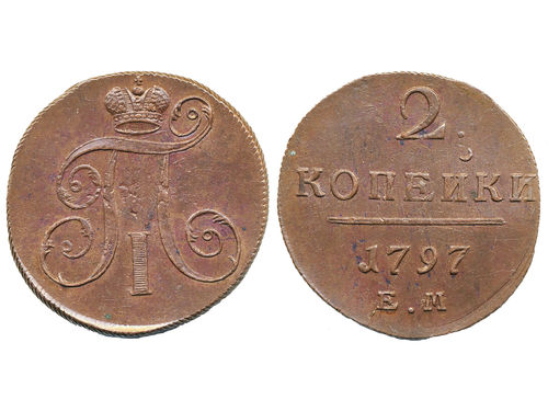Coins, Russia. Paul I, Bitkin 111, 2 kopeks 1797. 17.54 g. Some lustre. XF-UNC.