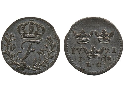 Coins, Sweden. Fredrik I, SM 158, 1 öre 1721. 1.23 g. Stockholm. Possibly overstruck 21/20. SMB 159. 1+/01.