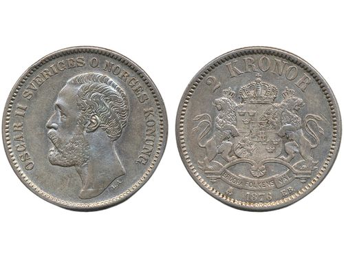 Coins, Sweden. Oskar II, MIS I.2, 2 kronor 1876. Above average example despite some light circulation wear. SM 44c. 1+/01.