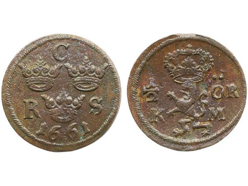 Coins, Sweden. Karl XI, SM 348, ½ öre KM 1661. 7.74 g. Avesta. Lustrous example with glossy brown surfaces and no corrosion. Minor edge clip from production. Seldom seen in this grade! SMB 539. 01.