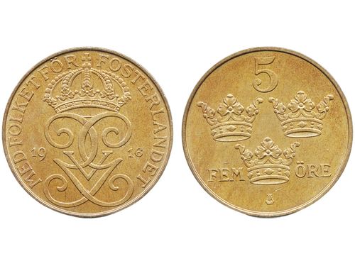 Coins, Sweden. Gustav V, MIS I.8b, 5 öre 1916. Short 6. SM 184b. SMB 236. 0.