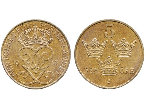 Coins, Sweden. Gustav V, MIS I.5, 5 öre 1913. Beautiful example with lustrous surfaces. SM 181. SMB 232. 0.