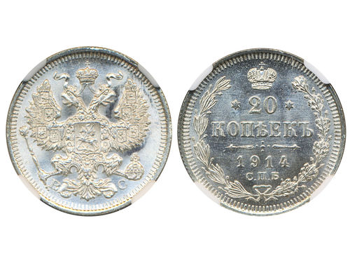 Coins, Russia. Nicholas II, Bitkin 116, 20 kopek 1914. Graded by NGC as MS66. UNC.