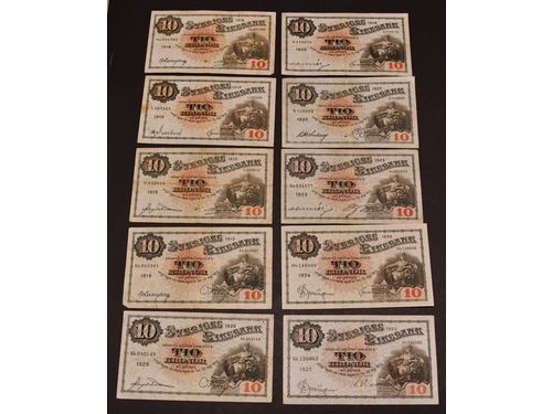 Banknotes, Sweden. Lot. 10 kronor 1918, 1919 (three pcs), 1920 (two pcs), 1922, 1923, 1924, 1925, 1926 (three pcs), 1927 (five pcs), 1928 (four pcs). In total 22 pcs. 1?-1.