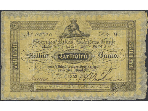 Banknotes, Sweden. SF A2-7, 32 skillingar banco 1853. No: 65070. 1/1+.