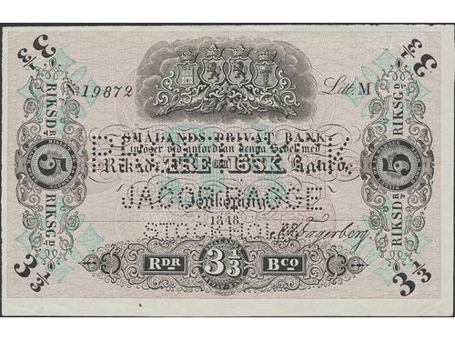 Private banknotes, Sweden. Platz 14:64, 3 1/3 riksdaler banco 1848. No: 19872, Proof Jacob Bagge, Stockholm. 1+/01.