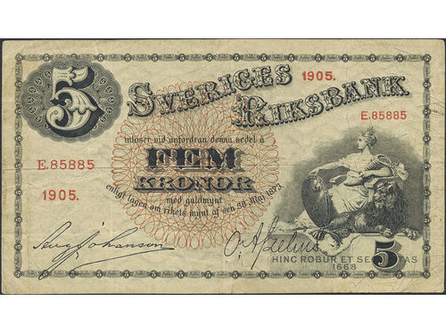 Banknotes, Sweden. SF Q5b-17, 5 kronor 1905. No: E.85885. 1.