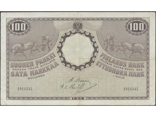 Banknotes, Finland. Pick 13a, 100 markkaa 1909. 1918345. Minor paper thinning in left margin on obverse. 1.