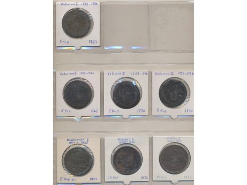 Coins, Russia. Collection/group of large size copper coins including 31 pcs 5 kopek Catharine II and 5 kopek 1804, 10 kopeks 1832 and 1833. Please inspect! F-XF.