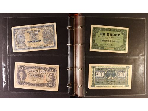 Banknotes, ALL WORLD. Album containing approx. 120 banknotes from all over the world, including Norway, Finland, Denmark, Faroe Islands, Germany, Russia, Iceland, Poland, India, among other countries. Some in consecutive numbers. Varying quality.  .