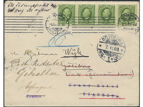 Sweden. Facit 52 on cover, 4×5 öre on cover sent from STOCKHOLM 6.11.09 to Gothenburg,then forwarded to France and finally to Gibraltar. Arrival pmk GIBRALTAR 16.NOV.09.