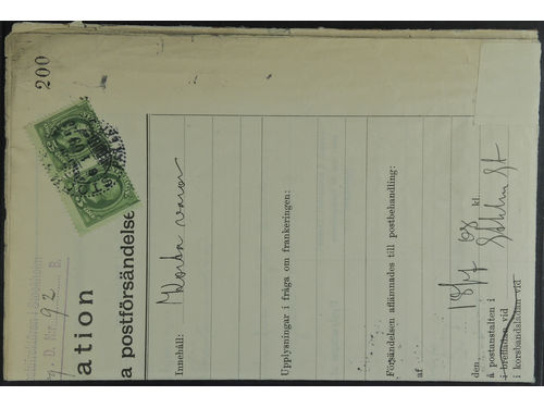 Sweden. Facit 52 on cover, 2x5 öre (pair) on complaint regarding a missing cash on delivery parcel sent from Stockholm to Ramsele. Cancelled STOCKHOLM 2 6.1.09. The form with punched holes. Scarce combination for this service.