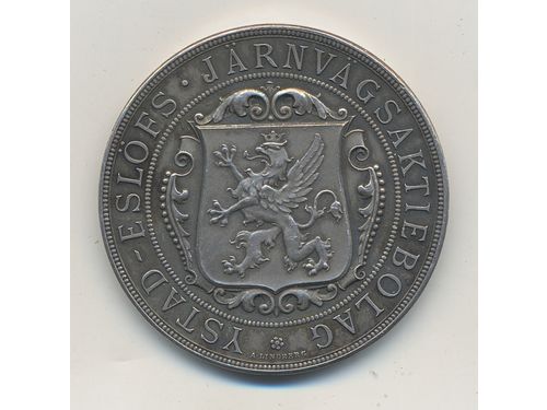 Medals, non-regal, Sweden. YSTAD-ESLÖFS JÄRNVÄGSAKTIEBOLAG 1866–1916. Silver medal by A. Lindberg, 29.59 g. 1+.