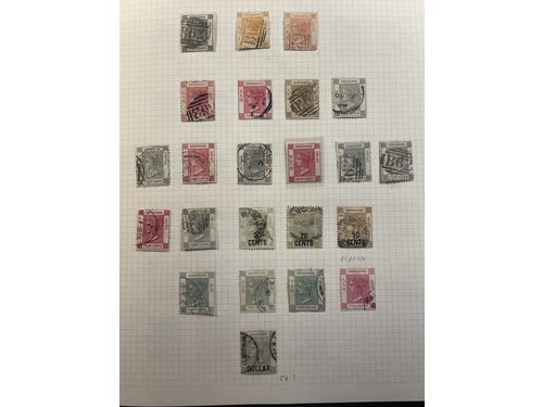 Hong Kong. Mostly used. Pleasant, mostly used collection, well filled from QV onwards including various mint 6, 8, 24 and 30cts stuck down and then many dozens of QV to $1 on to EDVII, both crown and multiple crown CA wmk, similar pattern with the KGV on to 100+ KGVI/QEII to $10, useful 'year of' types inc Monkey FDC, year of the dog, etc, a group of high values Annigonis well worth exploring, etc, etc. A collection that gets better on each inspection, especially for postmarks on the earlier issues.