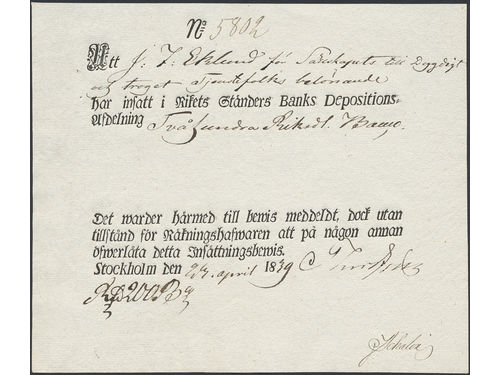 Documents, Sweden. Certificate of deposit 1839. 200 riksdaler banco, pinholes. 01.