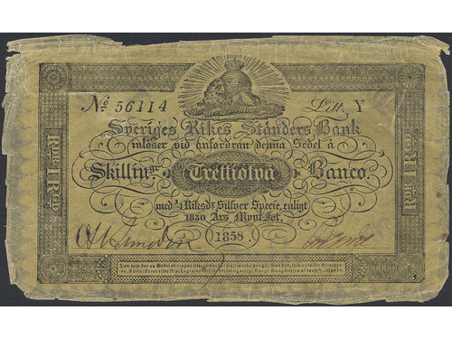 Banknotes, Sweden. SF A2:11, 32 skilling banco 1858. Tears. 1.