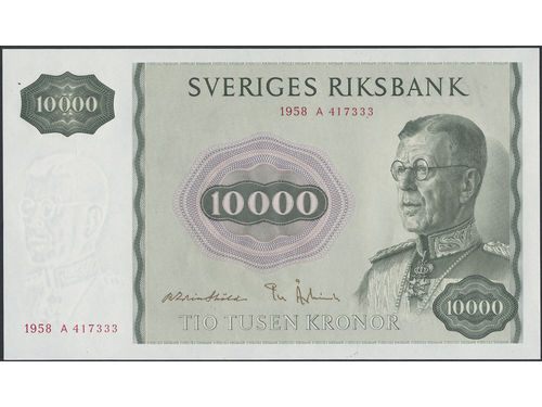 Banknotes, Sweden. SF Z2:1, 10000 kronor 1958. No: A 417333. 01/0.