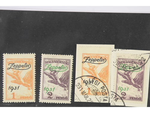 Hungary. Michel 478–79 ★/⊙, 1931 Zeppelin Overprint SET (2+2). Mint and used on pieces.
