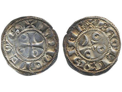 Coins, France. Dup. 947, 1 denier ND (1100s-1200s). 0.76 g. La Marché mint. Struck in the name of Louis VII, VIII, or IX. Obv: + LODOICVS. Cross pattée. Rev: + EGOLISSIME. Cross, three arms ending in circles, fourth ending in crescent. XF.
