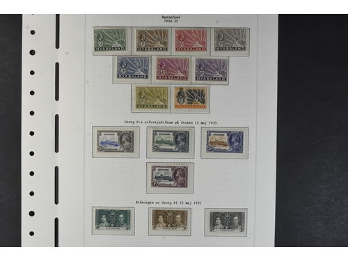 Nyasaland. Collection ★★/★ 1934–1954 on leaves. KGV 1934 set (9), 1935 SJ set (4), KGVI 1938 set (18), KGVI 1945 set missing 3d (13) and QEII set UM incl. Perf varities (18). The entire lot is presented at www.philea.se. Mostly fine quality. (64)