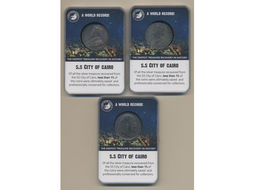 Coins, India. Three different silver rupiees from the shipwreck SS Cairo.